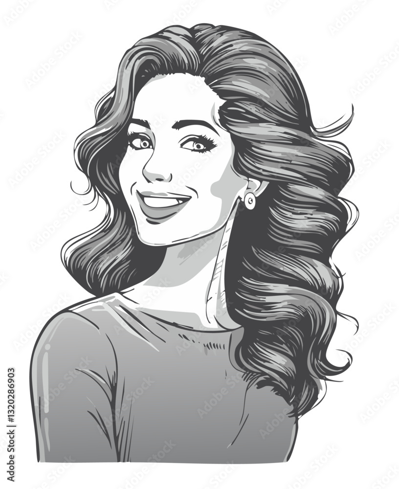 Dazzling woman smiling over shoulder, confidence and charm. Black and white image, vector. Dazzling woman smiling over shoulder, confidence and charm. Black and white image, vector.