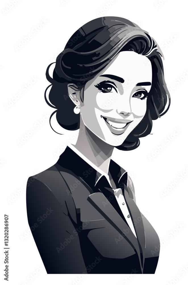 Dazzling woman smiling over shoulder, confidence and charm. Black and white image, vector. Dazzling woman smiling over shoulder, confidence and charm. Black and white image, vector.