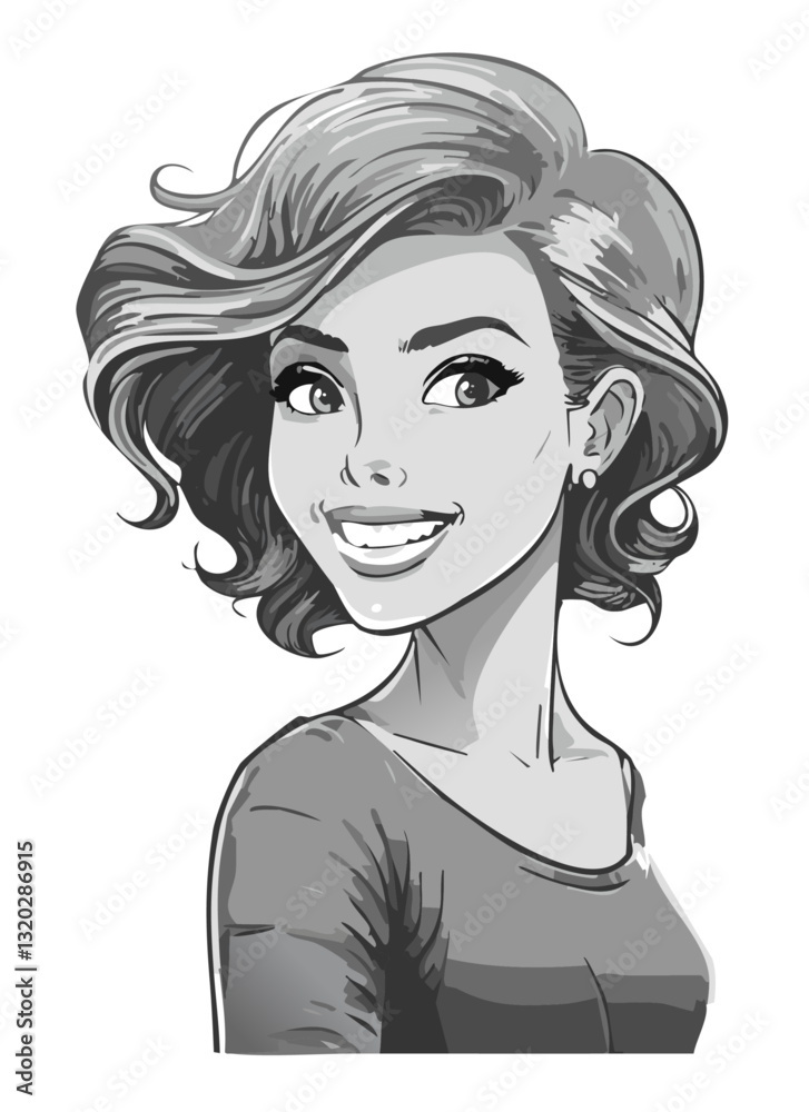 Dazzling woman smiling over shoulder, confidence and charm. Black and white image, vector. Dazzling woman smiling over shoulder, confidence and charm. Black and white image, vector.
