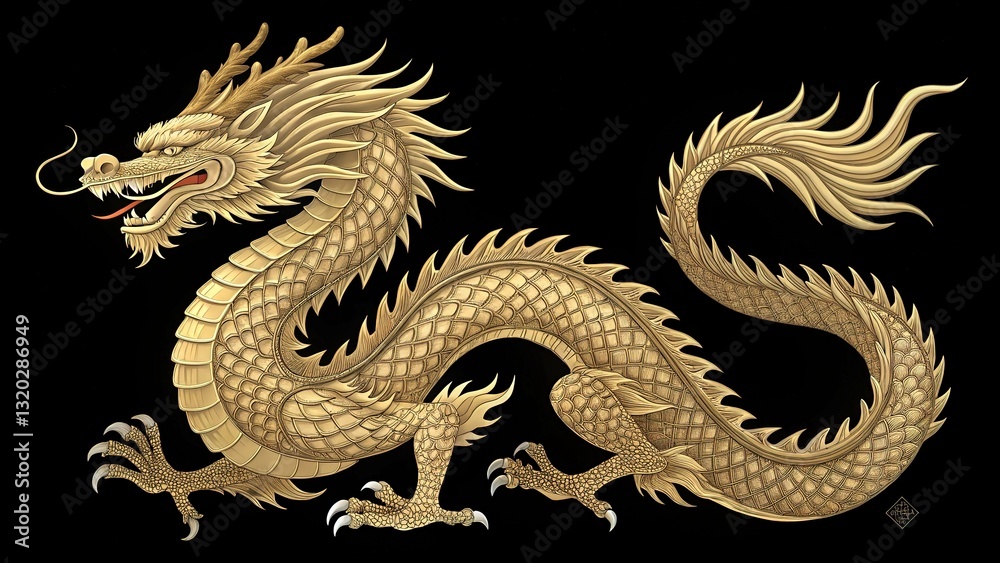 Obraz premium Regal gold dragon roaring, intricate scales and piercing eyes,