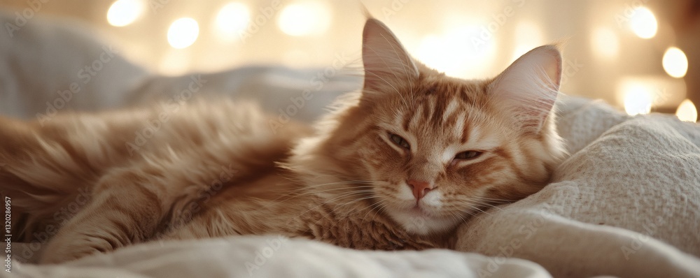 Obraz premium A beautiful ginger cat relaxing peacefully on soft bedding