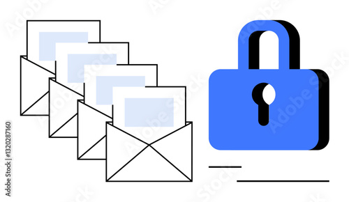 Open envelopes with letters alongside a bold blue lock representing encryption and cybersecurity. Ideal for data privacy, email protection, secure communication, online safety, encryption, IT