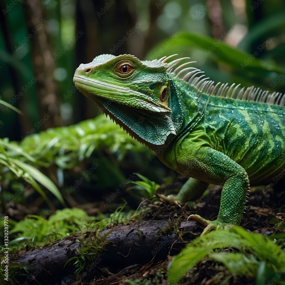 Fototapeta premium Chinese Water Dragon Moving Across Wet Ground