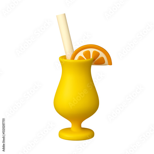 Summer cocktail vector 3d icon. Cartoon drinking glass with straw and orange slice isolated on white background. Cute lemonade render