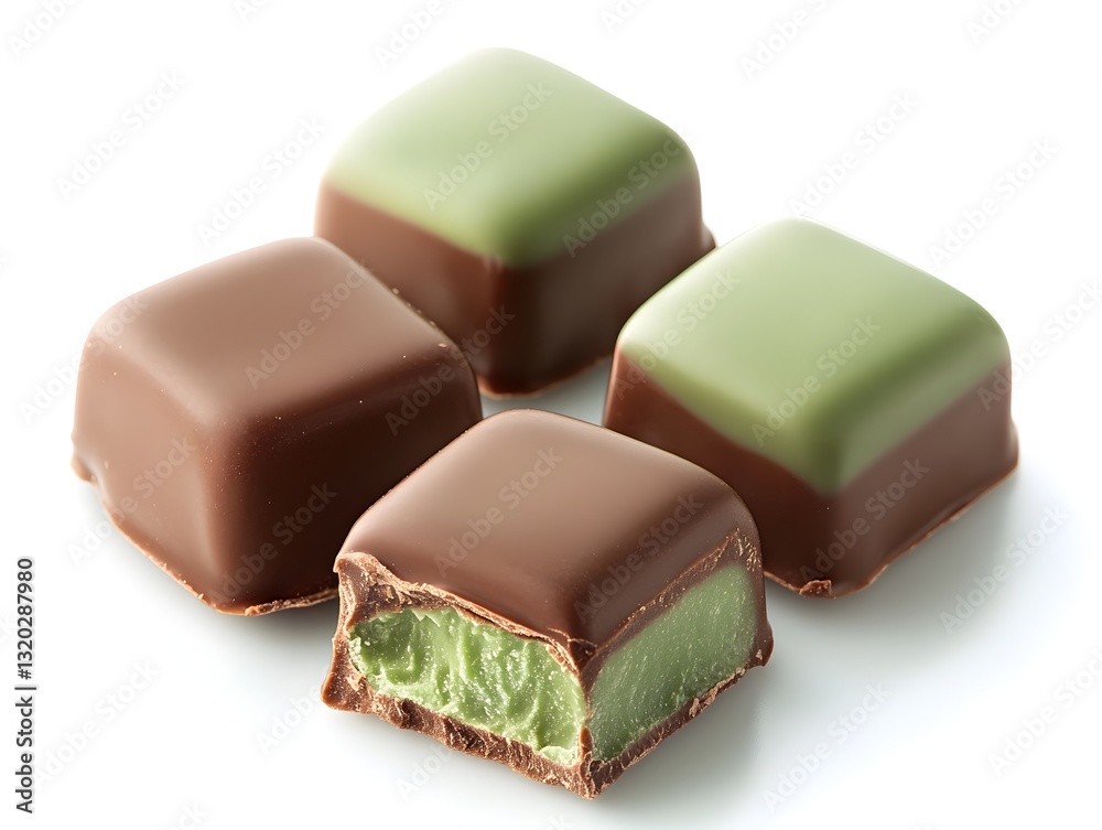 Three exquisite pieces of premium chocolate artfully arranged on a pure white background for visual delight Three exquisite pieces of premium chocolate artfully arranged on a pure white background for visual delight