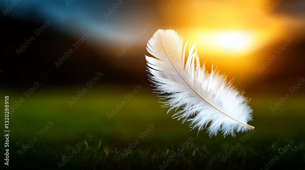 White feather floating gracefully in the air during a vibrant sunset over a serene landscape White feather floating gracefully in the air during a vibrant sunset over a serene landscape
