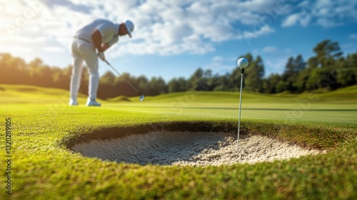 A professional golfer lining up his swing from a sand bunker, with the flagstick as his target, demonstrating perfect technique and concentration on a beautiful golf course.