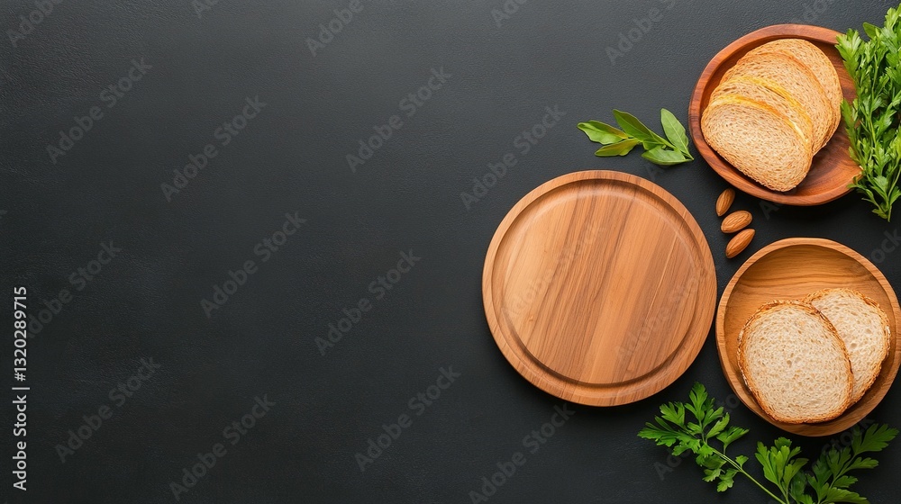 Sliced bread and herbs arranged on a dark textured surface Sliced bread and herbs arranged on a dark textured surface