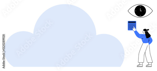 Large blue cloud, woman adjusting calendar, eye symbol with clock inside. Ideal for technology, cloud computing, time management, productivity, data organization innovation digital tools. Flat