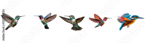hummingbirds and kingfisher birds in flight on white background