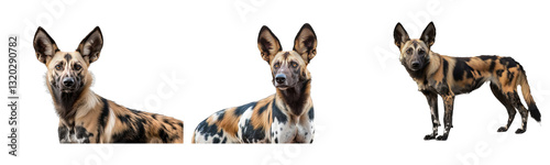 african wild dog triplet portraits on transparent background