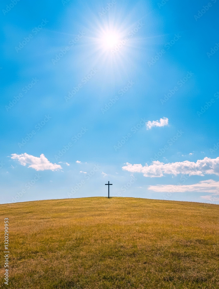 Obraz premium A serene landscape features a solitary cross on a grassy hill under a brilliant sunlit sky, symbolizing hope, faith, and tranquility in nature's embrace.