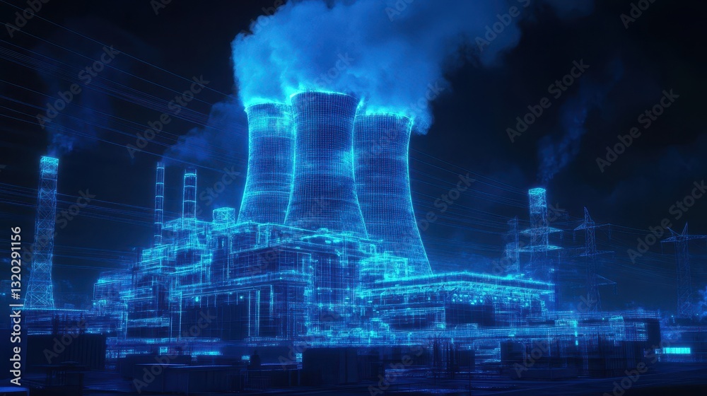 Fototapeta premium Digital wireframe of a power plant at night, glowing blue. Illustrates energy production, technology, and infrastructure.