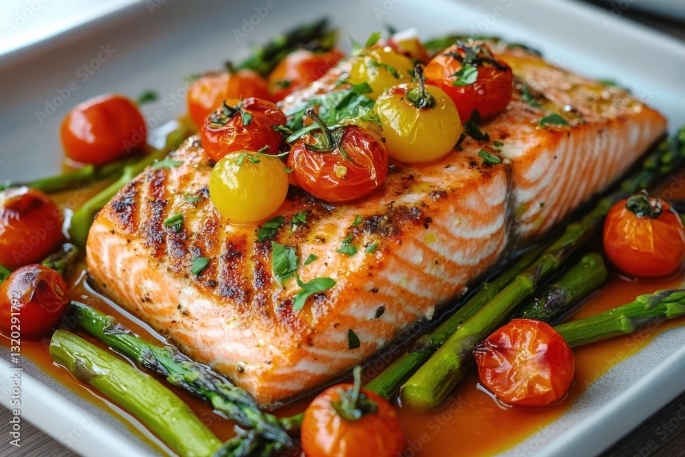 Delicious baked salmon with asparagus cherry tomatoes and herbs in minimalistic presentation Delicious baked salmon with asparagus cherry tomatoes and herbs in minimalistic presentation