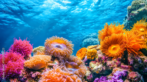 Fototapeta Naklejka Na Ścianę i Meble -  Underwater Coral Garden: A vibrant coral reef teeming with life, illuminated by the sun's rays, creating a mesmerizing underwater scene.