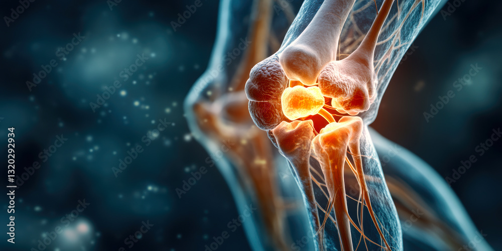 A striking digital representation showcasing the intricate anatomy of human knee joints, highlighting bone structures, ligaments, and the essential role of synovial fluid in joint health.