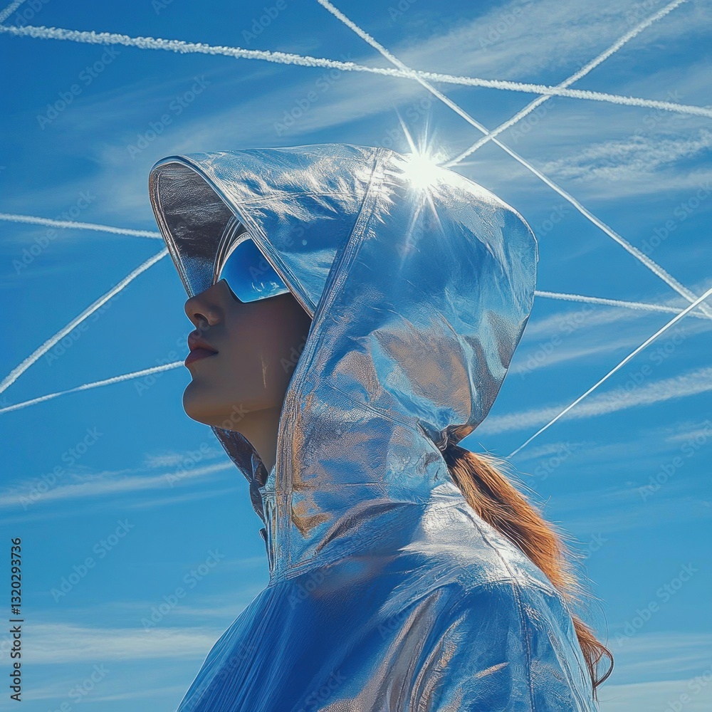 © Mariya - Surreal Reflection of Woman with Tinfoil Hat Observing Contrails in Blue Sky