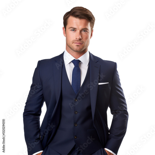 A man in a suit and tie is standing in front of a white background. He is wearing a blue tie and a blue jacket isolated on transparent background