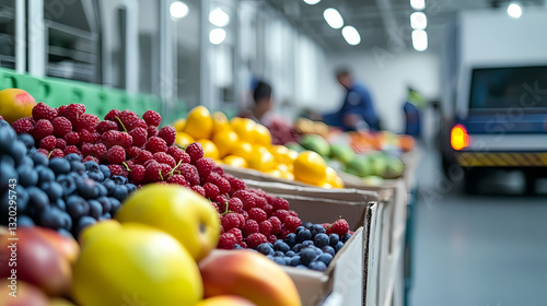 Fototapeta Naklejka Na Ścianę i Meble -  Fresh Produce at the Marketplace: Vibrant display of colorful fruits and berries arranged in wooden crates, creating a rich visual feast that captures the essence of natural abundance.