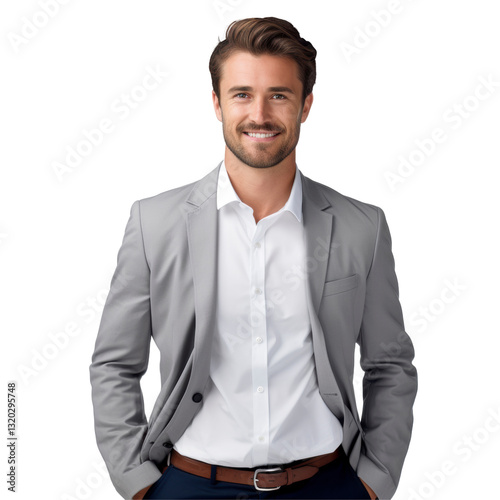 Handsome man in a gray suit and white shirt is smiling isolated on transparent background