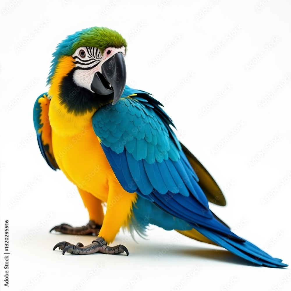 Fototapeta premium Vibrant blue and yellow macaw with bright feathers on white background, vibrant, parrot, macaw