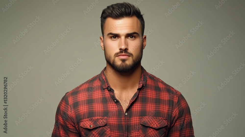 Obraz premium Handsome man red plaid shirt serious face. AI generated