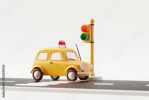 Stylized yellow car waits at a traffic light on a road with dashed lane markings photo