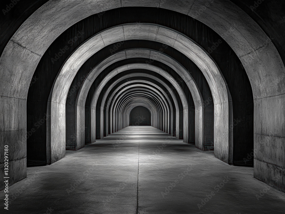 Naklejka premium A hauntingly beautiful corridor featuring a series of archways, illuminated by soft light.