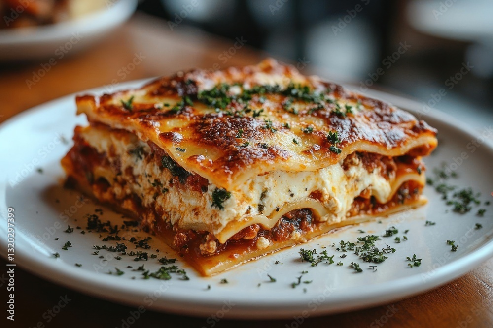Homemade Lasagna Slice on White Plate in Rustic Style Homemade Lasagna Slice on White Plate in Rustic Style
