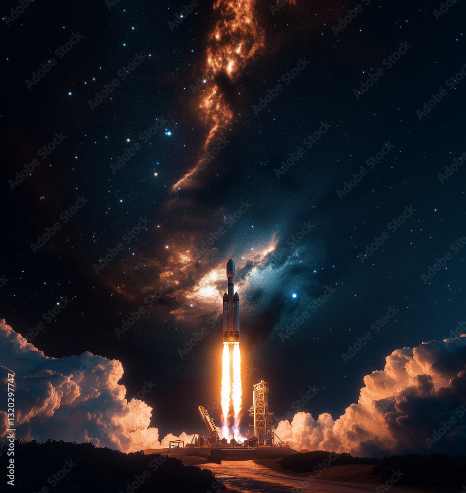 Obraz premium Lançamento espetacular de foguete em céu estrelado com galáxia e nebulosas