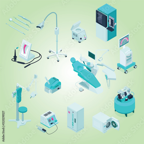 Dental equipment and tools isometric infographics with instruments xray unit sterilizer chair on color background vector illustration
