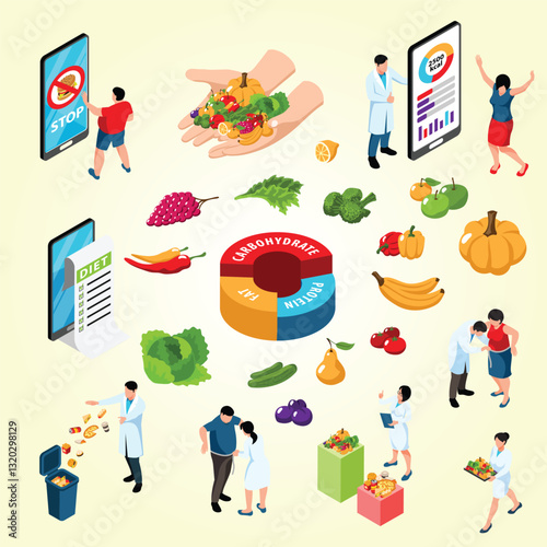 Nutritionist isometric set with diet and weight symbols isolated vector illustration