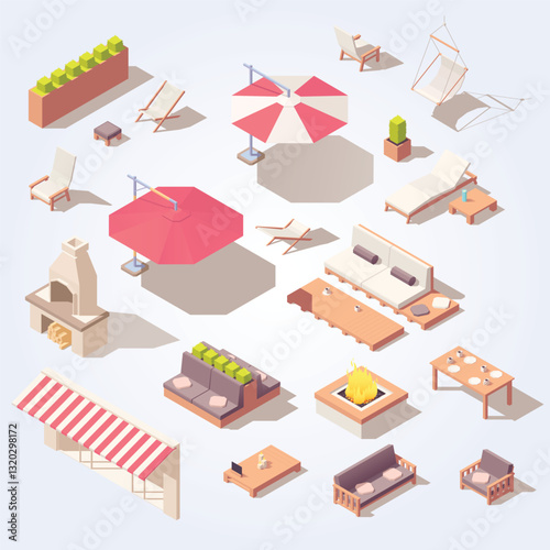 Street cafe isometric icons set with terrace furniture items isolated vector illustration