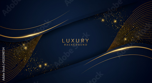 Luxury dark blue background with halftone gold line curved and lighting effect.Blue luxury background with golden line, blue curve, shiny dots and glitter light effect. Elegant style design.