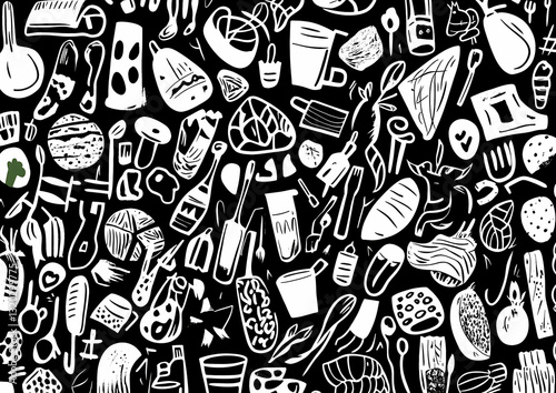 Culinary Collage: A detailed overhead illustration showcases a diverse collection of food-related items, presented with intricate detail, inviting the viewer to explore a vibrant gastronomic world.