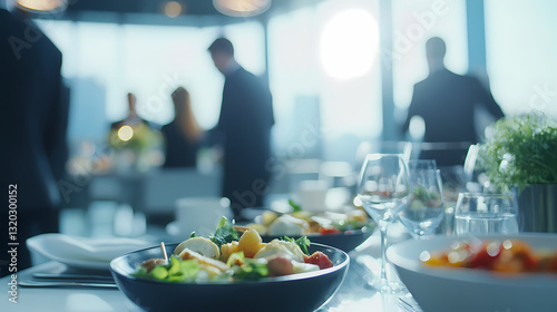 Lunchtime Business: A sophisticated corporate lunch scene unfolds, featuring artfully arranged salads in the foreground. photo