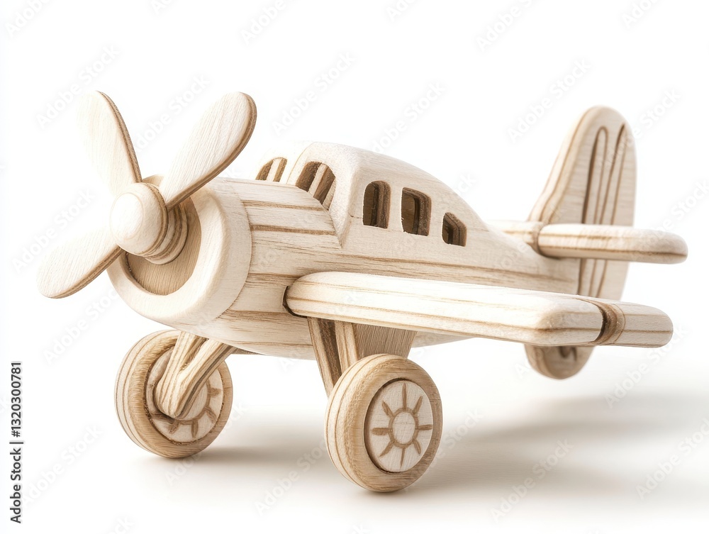 Fototapeta premium Beige Wooden Toy Airplane Model on White Background