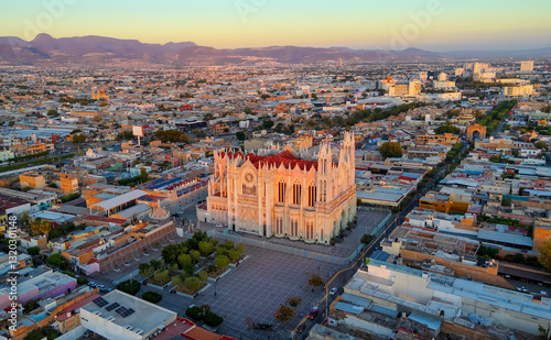 Aerial view of the Expiatory Temple at sunset, symbol of the city of Leon Guanajuato for its neo-gothic style.
