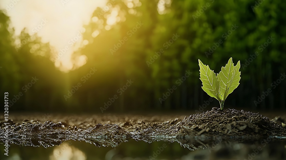 Naklejka premium Young green plant sprouting from soil in serene forest setting with sunlight filtering through trees