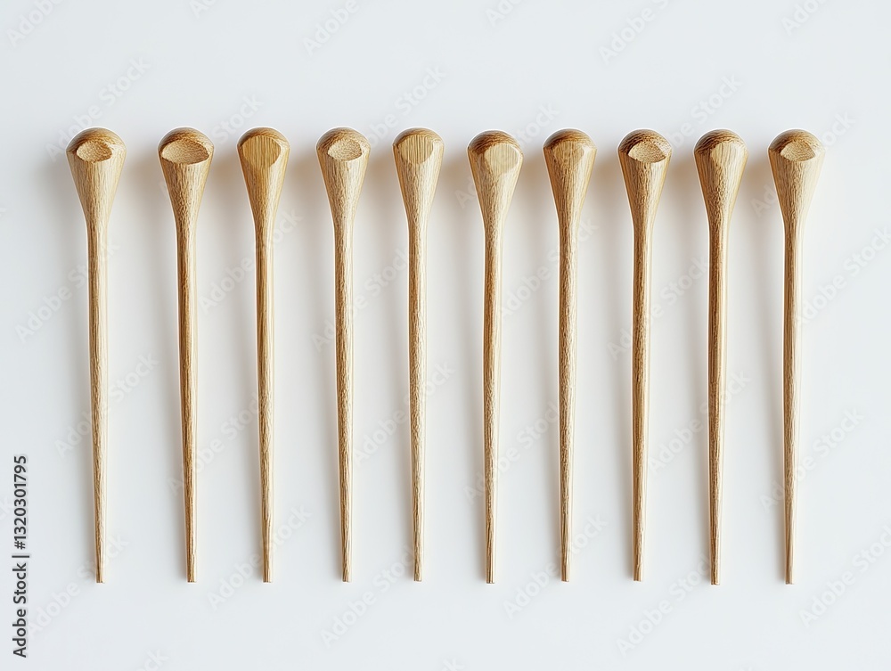 Row of wooden hair sticks against a bright, minimalist background Row of wooden hair sticks against a bright, minimalist background