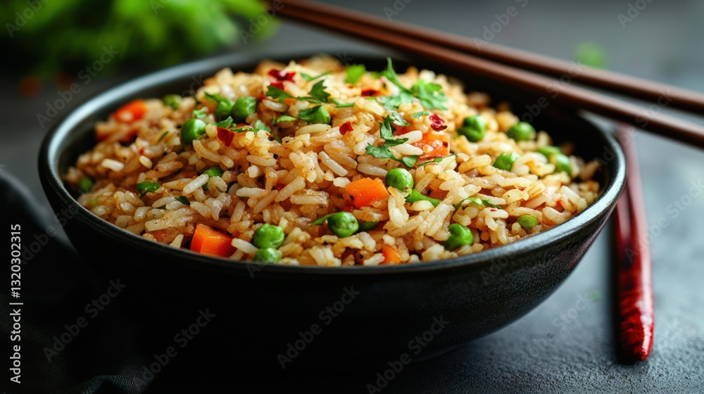 Savory fried rice with peas and carrots in a bowl Savory fried rice with peas and carrots in a bowl