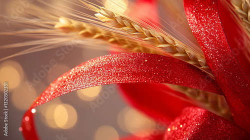 Vibrant red ribbon with golden wheat, symbolizing labor and prosperity, set against a warm industrial backdrop.