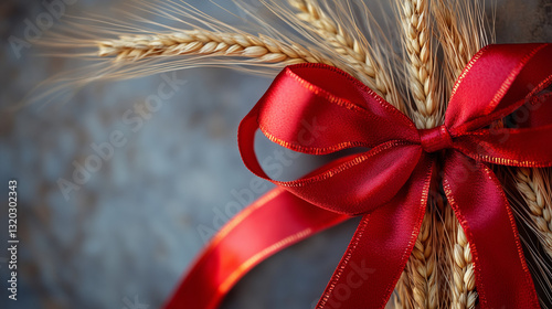 Vibrant red ribbon with golden wheat, symbolizing labor and prosperity, set against a warm industrial backdrop.