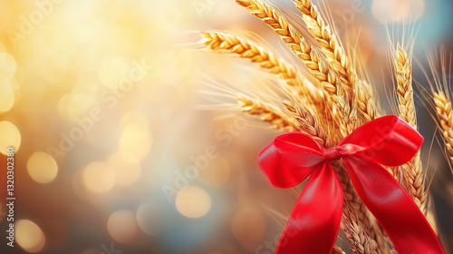 Vibrant red ribbon with golden wheat, symbolizing labor and prosperity, set against a warm industrial backdrop.