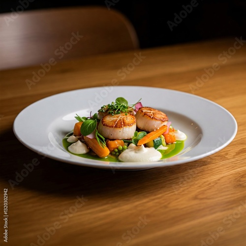 Wallpaper Mural Seared Scallops with Seasonal Vegetables: A culinary masterpiece featuring perfectly seared scallops atop a bed of vibrant seasonal vegetables, presented on a pristine white plate. Torontodigital.ca