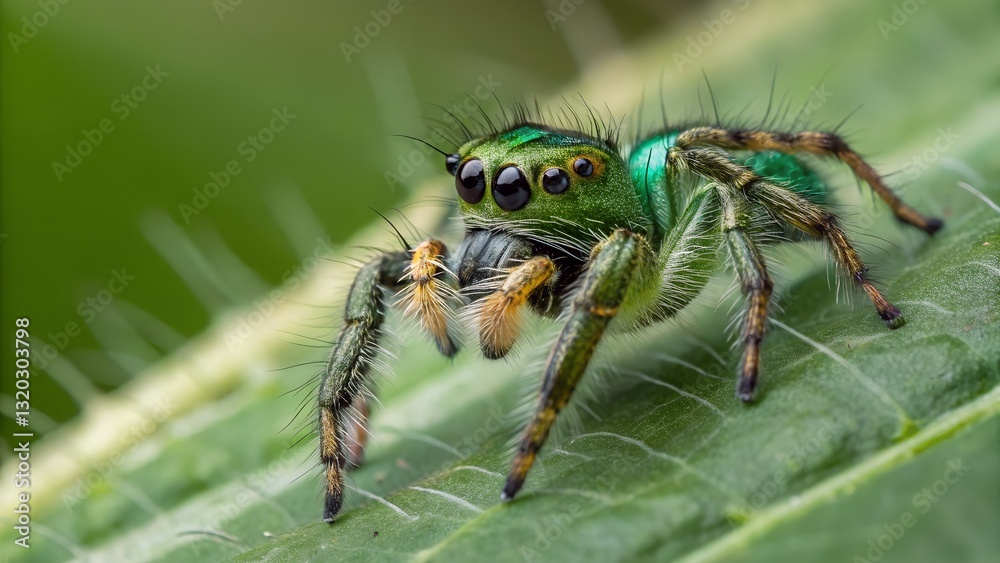Emerald Hunter: A vibrant macro shot of a male jumping spider on a lush green leaf, displaying striking emerald green coloration and intricate details. Emerald Hunter: A vibrant macro shot of a male jumping spider on a lush green leaf, displaying striking emerald green coloration and intricate details.