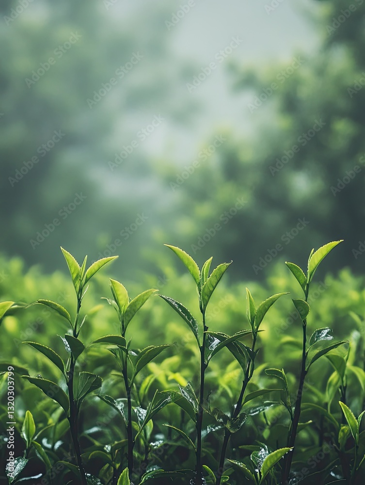 Fototapeta premium Lush Green Tea Plantation in Misty Highland, Fresh Shoots and Verdant Leaves