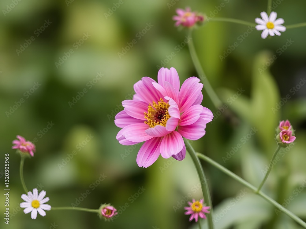 Delicate pink flower blooming in a lush green field under bright sunny skies and gentle breeze Delicate pink flower blooming in a lush green field under bright sunny skies and gentle breeze