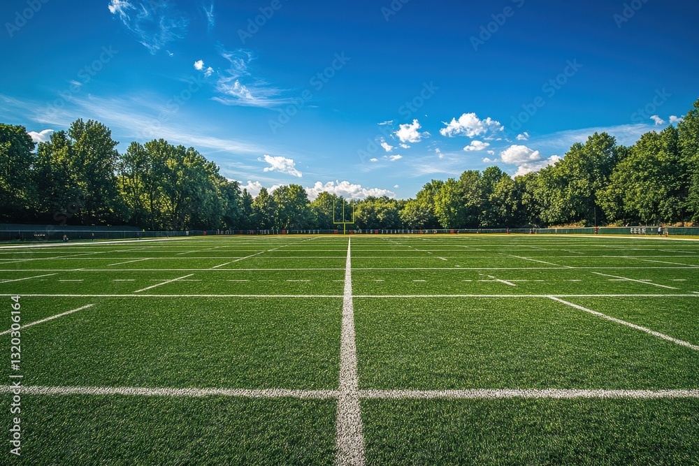 Obraz premium Green turf football field under a bright blue sky. Perfect for sports, recreation, and game day themes.