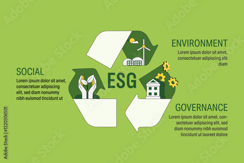 Sustainable ESG, Environmental, Social, and Corporate Governance concept. Green renewable energy, Ecology and Environment conservation. Flat Vector Illustration.